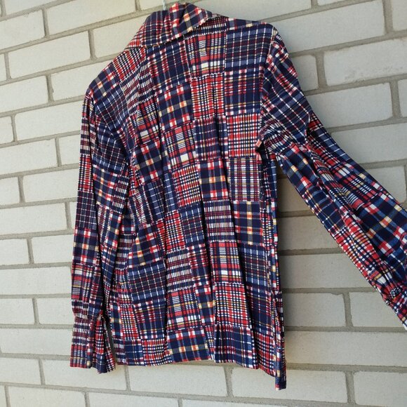 Vintage 60s 70s Plaid Patchwork Shirt 43"B Butterfly Collar Moonglow Buttons - Picture 10 of 12